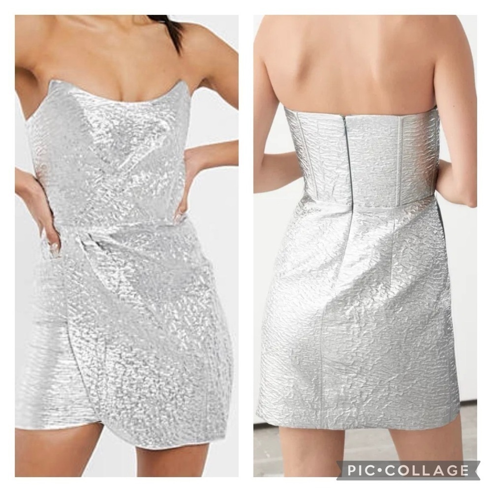 & OTHER STORIES Women’s Silver Foil DRAPED STRAPLESS JACQUARD DRESS Size 38 US S